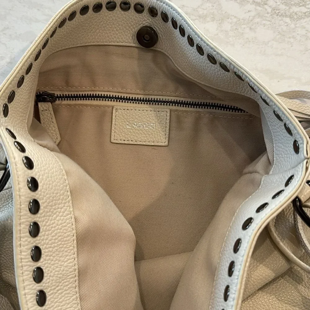 Stunning Laggo “Reed Ivory” Pebbled Leather Studded Hobo Bag